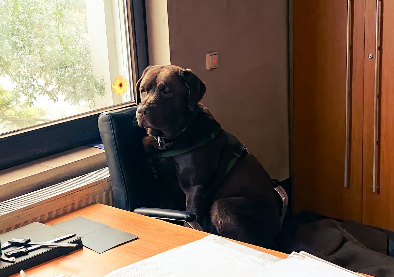 A dog is sitting patiently at the desk.